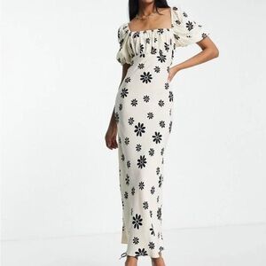 ASOS daisy floral print back and beige puff sleeve midi dress with slit